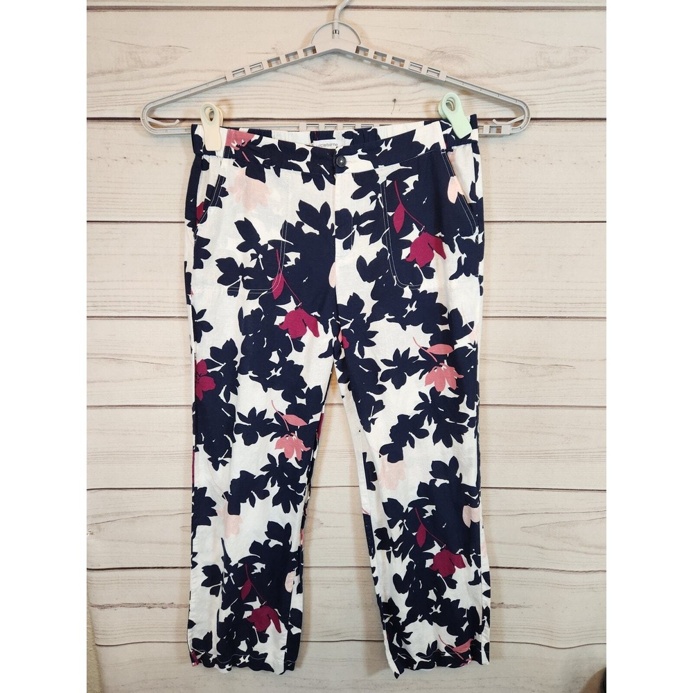 Liz Claiborne Womens L White Navy Floral Linen Blend Cropped Pants Elastic